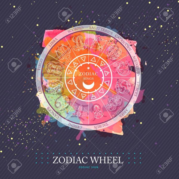 Modern magic witchcraft Astrology wheel with zodiac signs on wat
